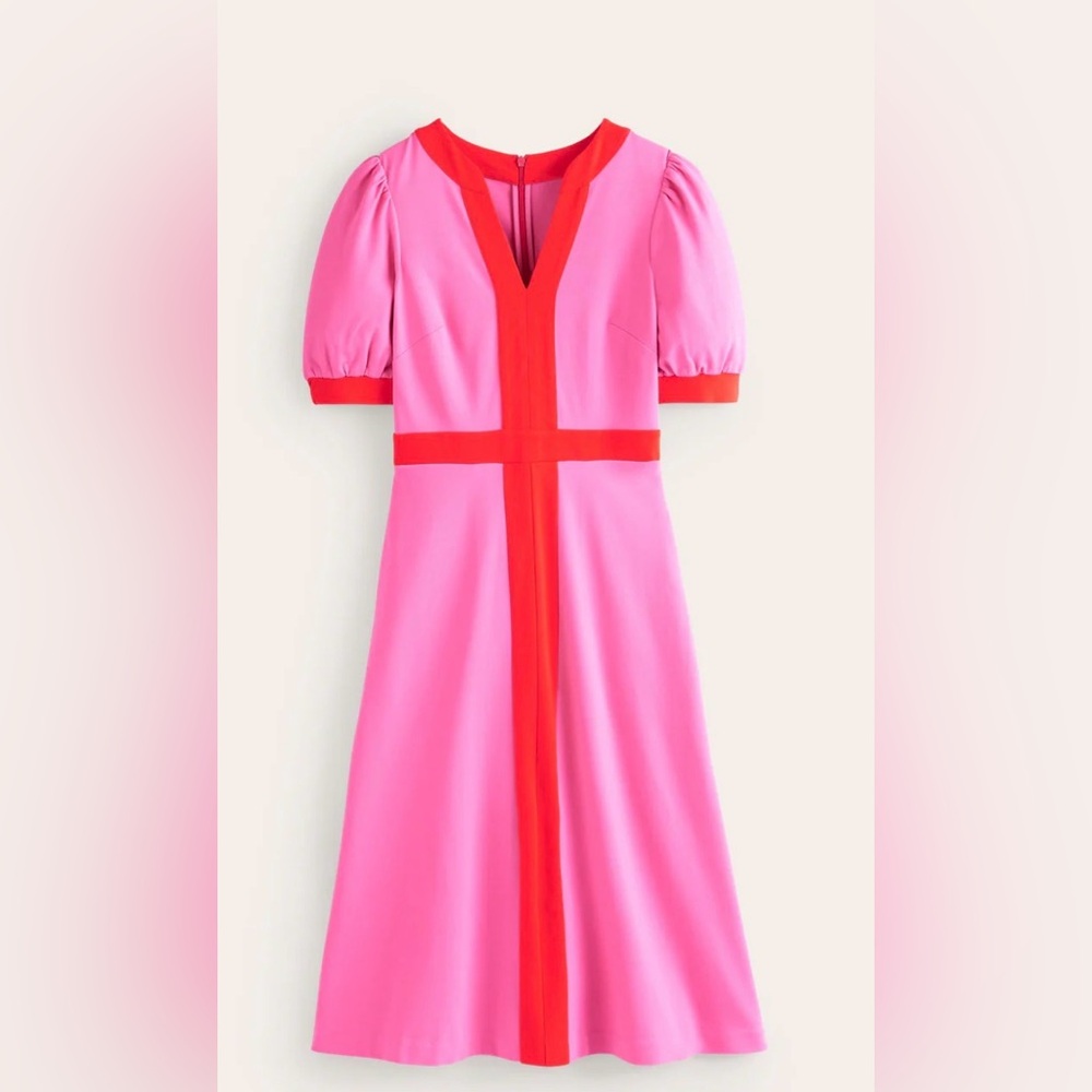 BODEN Philippa Ponte Midi Dress Size US 4R Pink Red Sangria Sunset Puff Sleeve